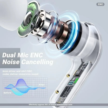 CrystalBeats BT30: Transparent TWS Bluetooth 5.3 Earbuds with Digital Display & Noise Canceling